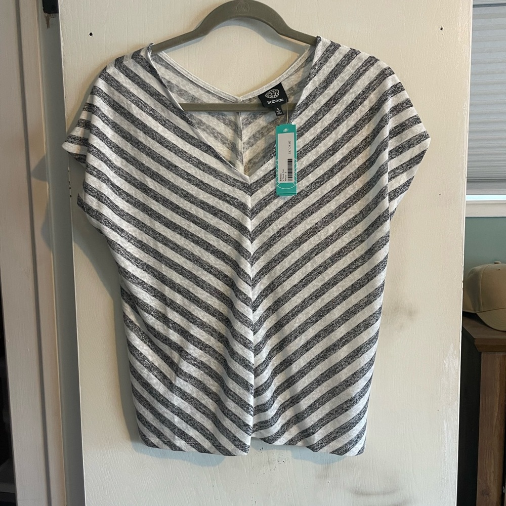 Bobeau Gray and White Striped Cap Sleeve Tee